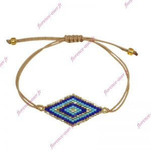 Bracelet effet tissé bleu doré losange fines perles cordons réglables savane