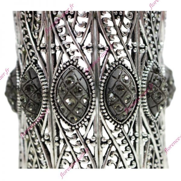 Bracelet manchette dentelle métal argenté médaillons ovales strass gris élastique