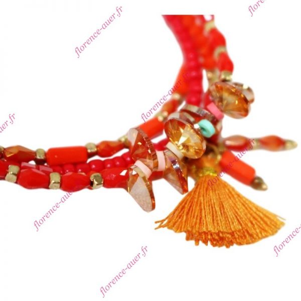 Bracelet fantaisie femme perles orange corail 4 rangs breloques pompon fermoir magnétique doré