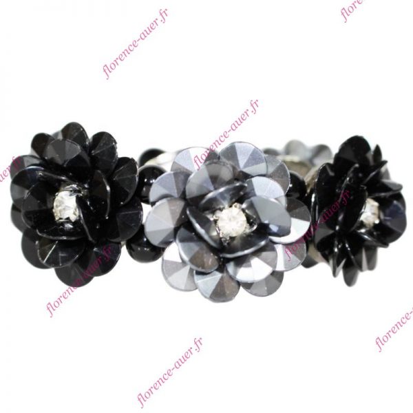 Bracelet élastique fleurs stylisées noires et grises perles fantaisies métal strass blanc