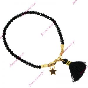 Bracelet noir élastique étoile dorée pompon perles fantaisie cristal noir métal doré facettes