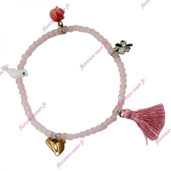 Bracelet rose élastique perles facettées fantaisie cristal breloques porte-bonheur et pompon