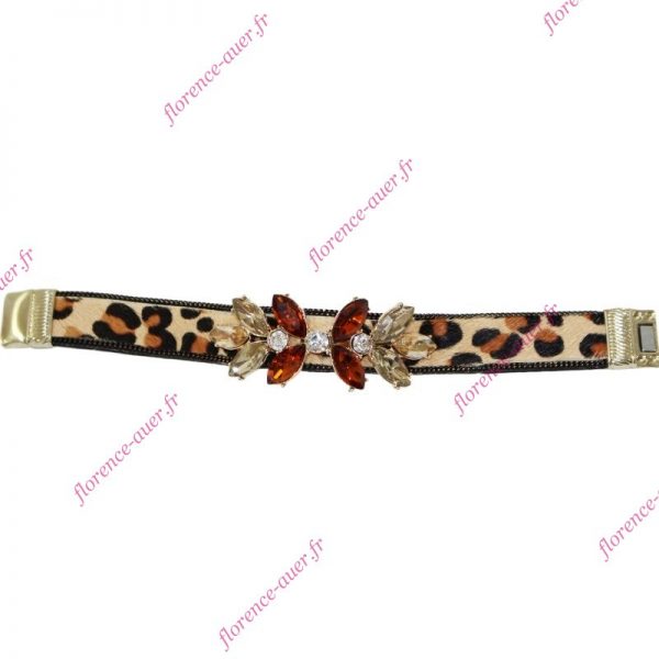 Bracelet léopard beige taches noires et camel cabochons chaînette fermoir aimanté