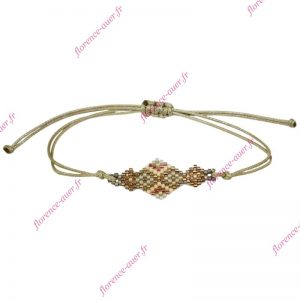 Bracelet effet tissé fines perles ivoire beige rosé doré gris cordon réglable