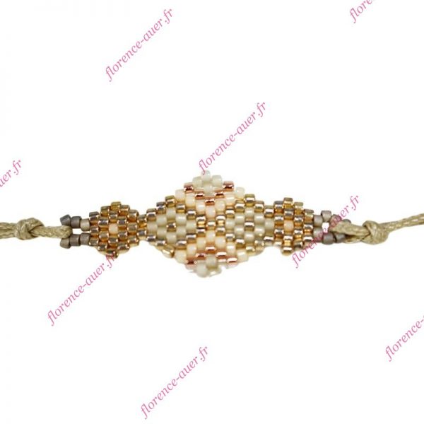 Bracelet effet tissé fines perles ivoire beige rosé doré gris cordon réglable