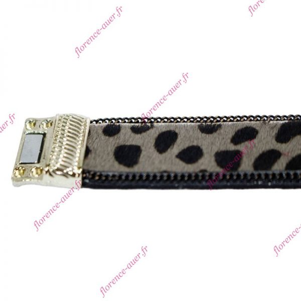 Bracelet panthère léopard simili-fourrure taupe et taches noires cabochons fermoir aimanté