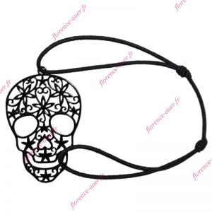 Bracelet noir tête de mort métal ajouré fleurs étoiles cordon élastique ajustable