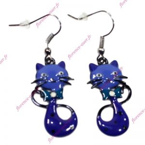 Boucles d'oreilles chat bleu turquoise nœud papillon métal argenté foncé